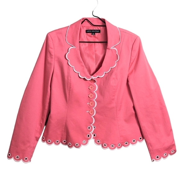 Nipon Boutique Pink Blazer Jacket Button Front Embroidered Scalloped Trim 14 - Picture 1 of 11